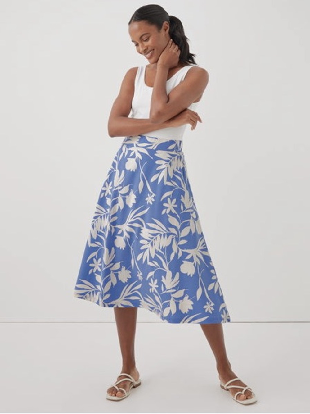 Pact Organic Cotton Floral Midi Skirt Blue Cream A-Line Cottagecore Size XL EUC